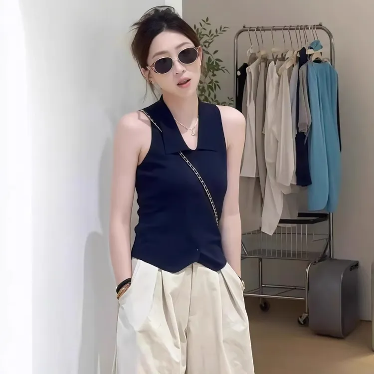 芯娇晴韩系polo领针织衫女2025新款夏季修身显瘦短款无袖上衣背心