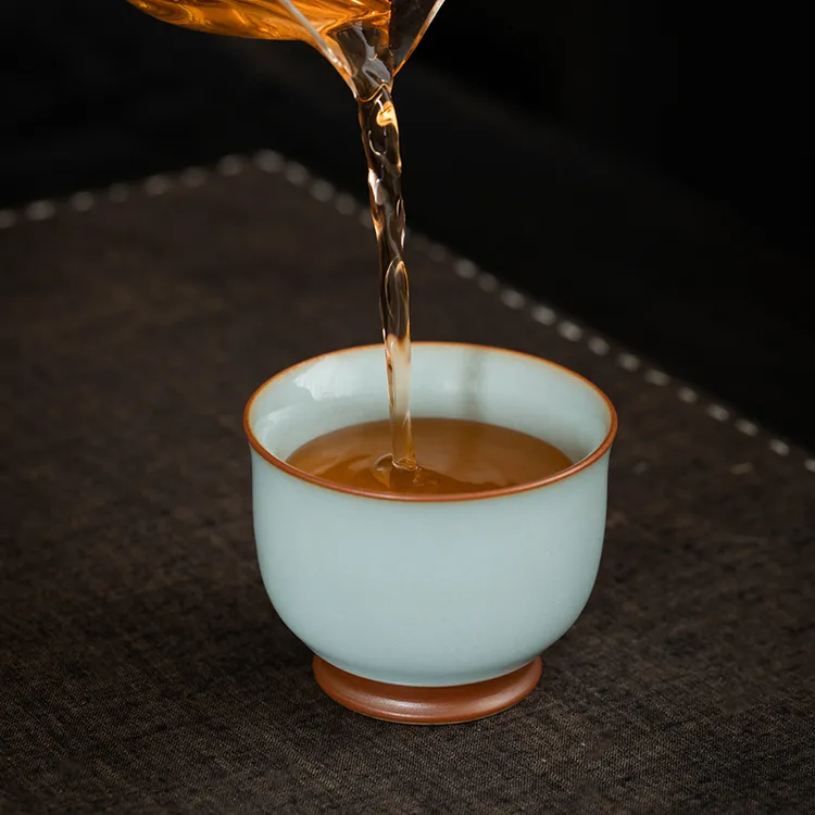 天青釉汝窑问青杯主人杯铜足杯茶杯单杯品茗杯开片可养汝瓷茶具