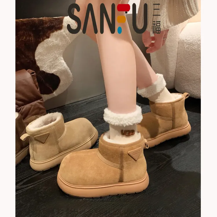 三福卡皮巴拉大头雪地靴女2025新款加绒加厚保暖棉靴厚底东北短靴
