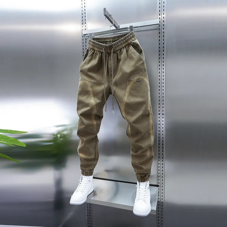 潮流男士时尚新款加绒休闲裤弹力拼接水洗工艺韩版高端棉布小脚裤