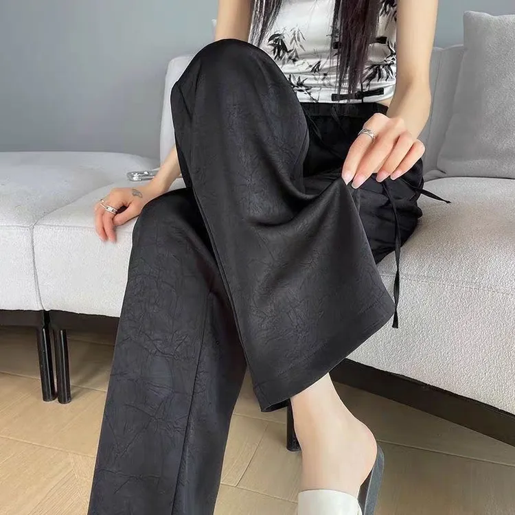 大码胖mm300斤缎面醋酸裤女夏季薄款提花新中式直筒国风阔腿裤子