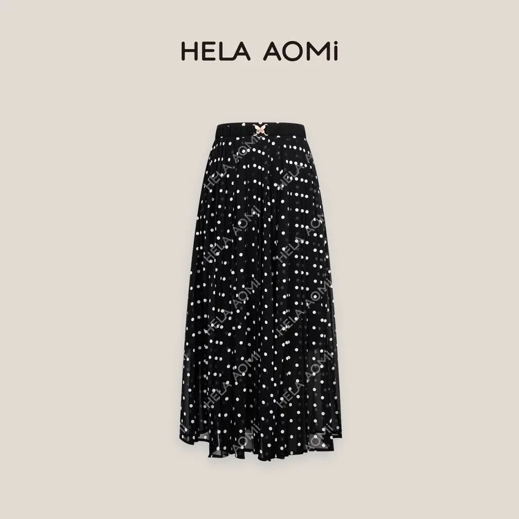 HELAAOMI“波尔卡”黑色波点半身裙显瘦中长百褶大摆裙CY5BC71436