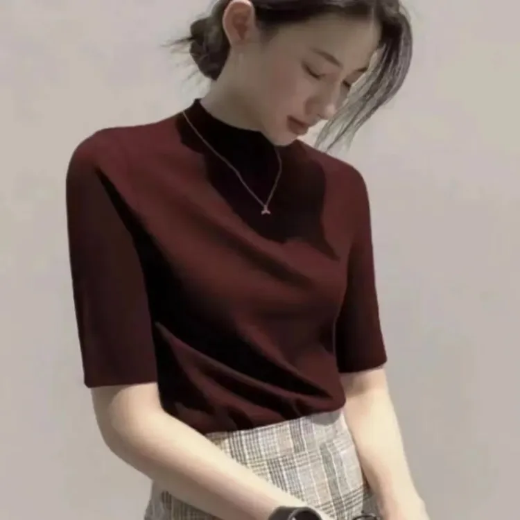 小个子改版定制春秋冬纯色百搭气质小立领五分袖长袖打底上衣521