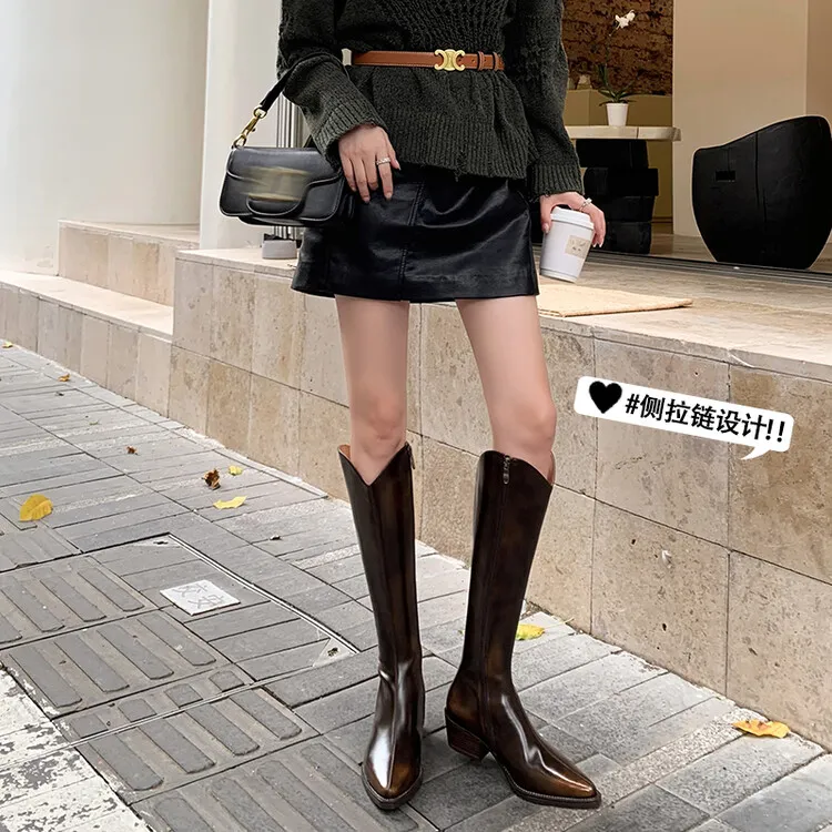 显瘦长靴2025冬季新款真皮高筒女靴子小个子骑士靴长筒中跟瘦瘦靴