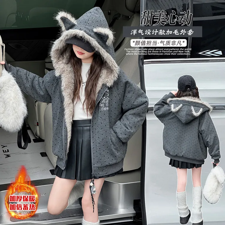 女童加绒棉衣冬季新款中大童加厚连帽外套小女孩韩版网红保暖冬装
