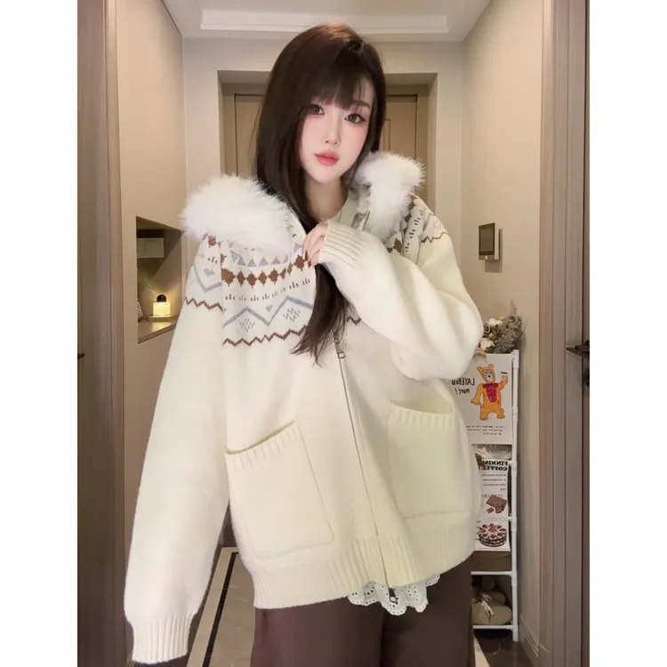 软糯复古费尔岛连帽针织开衫秋冬新款宽松软糯入冬漂亮衣服毛衣