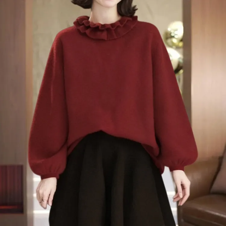 法式减龄荷叶花边圆领卫衣女秋冬新款显瘦宽松通勤百搭套头上衣潮