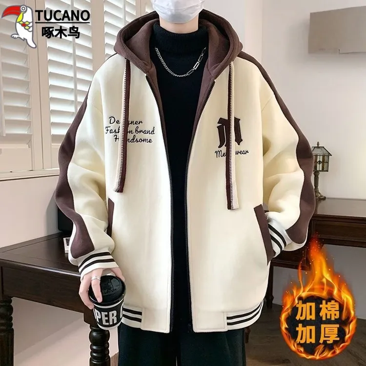 啄木鸟棒球服加棉外套男奥粒绒冬休闲连帽上衣青少年学生加厚夹克