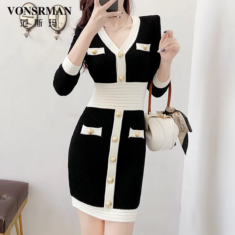 小香名V领连衣裙女2025秋季新款时尚收腰显瘦气质打底包臀短裙潮