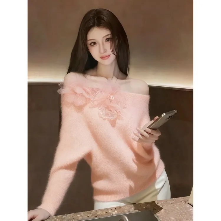 独特别致花纱紫色一字肩针织衫女2025秋冬气质名媛轻熟风百搭毛衣