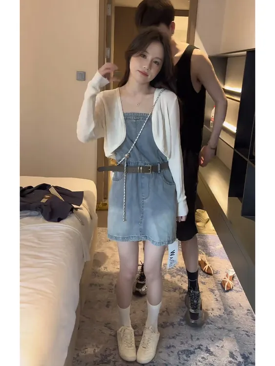 2025夏季新款韩系一整套穿搭显瘦防晒开衫气质吊带牛仔连衣裙套装
