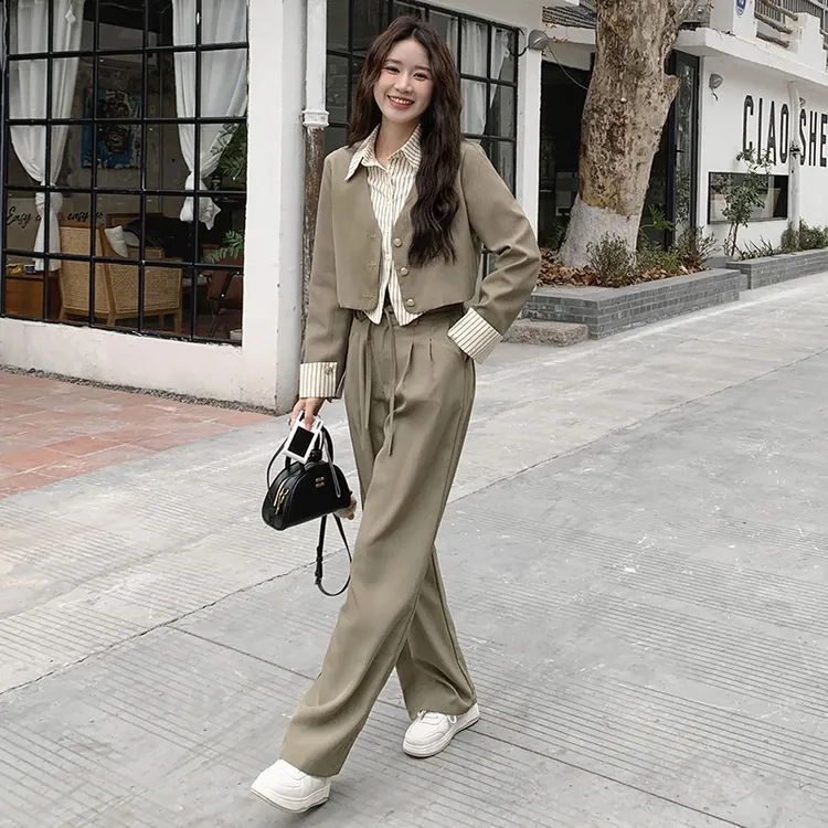 假两件衬衫阔腿裤套装女春秋文艺范西装外套半身裙两件套西装套装