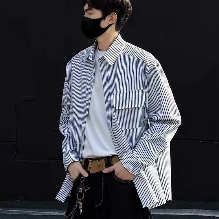 日系条纹衬衫男春季情侣装宽松休闲长袖衬衣服装百搭港风翻领外套