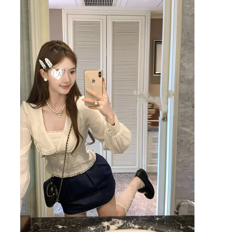 微醺流光 减龄甜系少女叠领曲牙边抽褶掐腰衬衫高腰包臀短裙套装