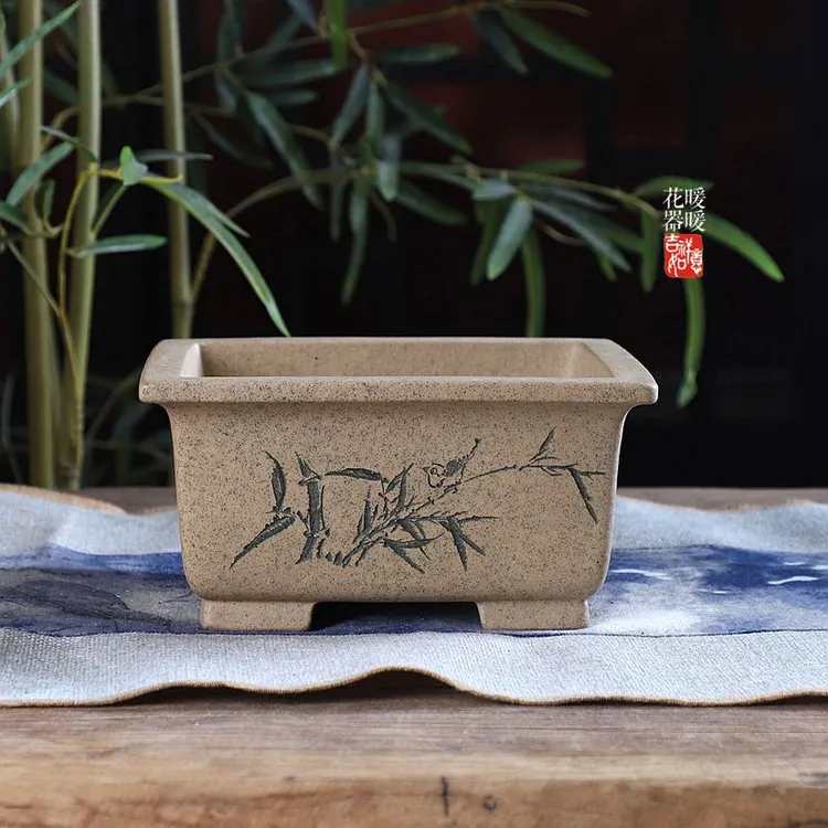 『口边长方』暖暖精选紫砂花盆手工刻绘盆景绿植盆栽芝麻段竹子
