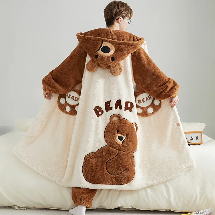 （棕熊）睡袍男长款加厚法兰绒保暖秋冬季长袖宽松珊瑚绒家居服套装