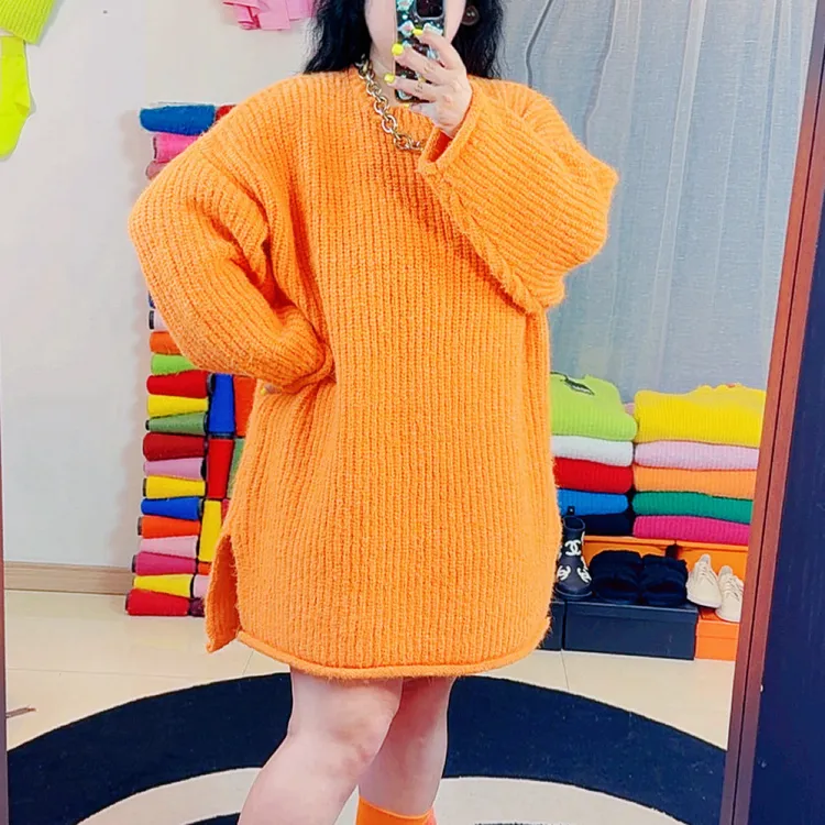 (最后几件清仓)大码宽松慵懒时尚百搭多巴胺糖果色圆领针织毛衣女