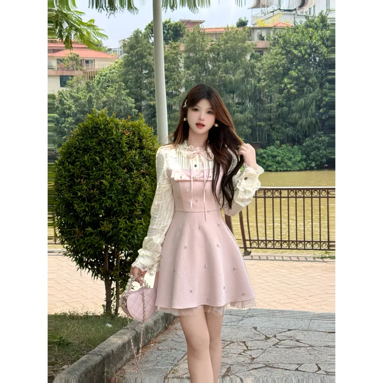 【蹦蹦】大码女装千金名媛蕾丝长袖衬衫拼接收腰连衣裙女秋季13007