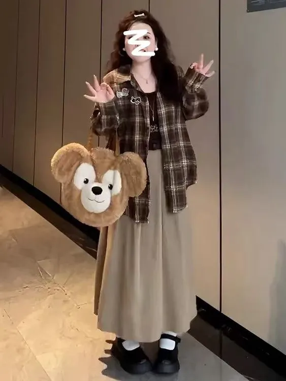 韩版秋季气质减龄学院风复古格纹衬衫外套吊带高腰半身裙三件套