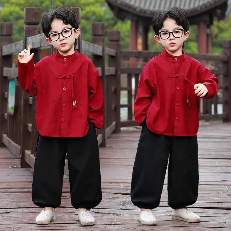 中国风男童汉服2025新款秋季长袖古风古装儿童红色改良新中式唐装