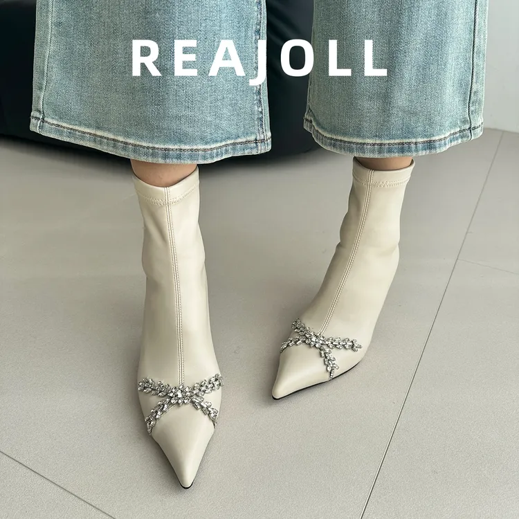 弹力靴优雅2025秋冬新款尖头水钻细高跟法式美拉德黑色显瘦短靴女
