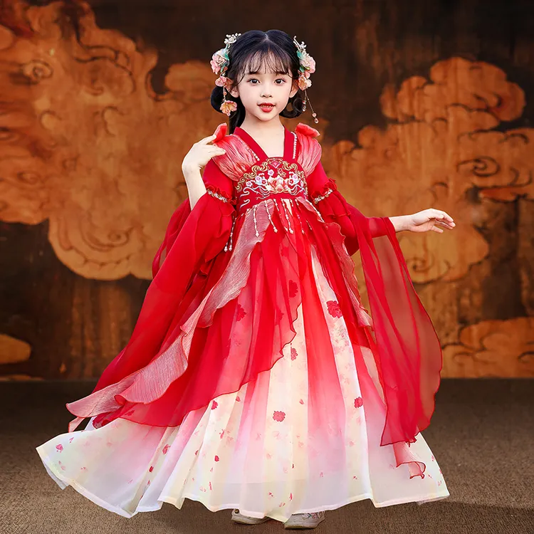女童汉服中国风连衣裙古装长袖唐装儿童襦裙元宵连衣裙子hls8803