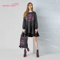 MARKFAST设计师品牌秋冬黑色绣花长袖荷叶边连衣裙M1BGW61200