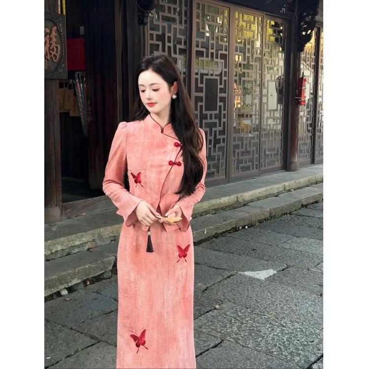 【落樱】<77>新中式撞色蝴蝶刺绣上衣+半身裙套装XMZH9118