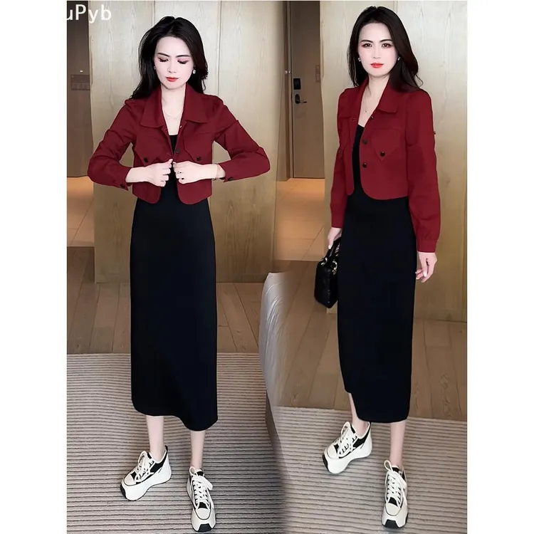 DouPyb轻奢时尚连衣裙套装女洋气2025春新款减龄短外套休闲裙两件