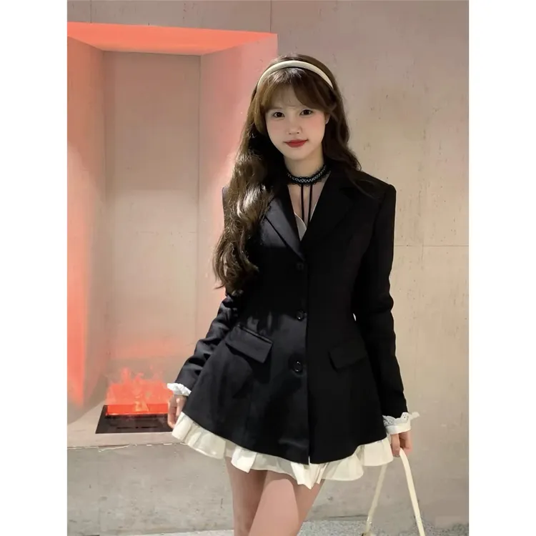 纯欲风黑色西装连衣裙女春季新款辣妹气质显瘦拼接收腰A字短裙子