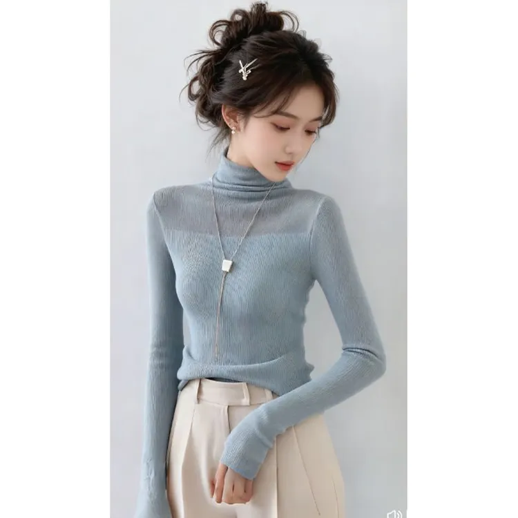 爆款堆堆领软糯坑条蓝色上衣秋冬高档气质针织打底衫简约内搭女款