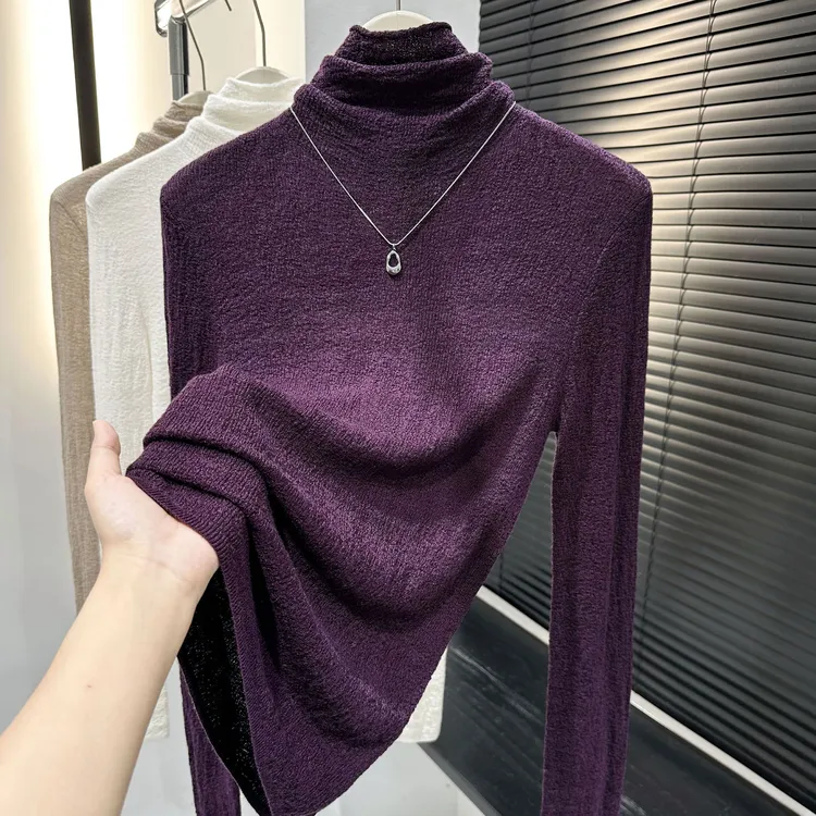 百搭紫色堆堆领套头针织衫T恤女秋冬洋气修身长袖内搭打底衫上衣