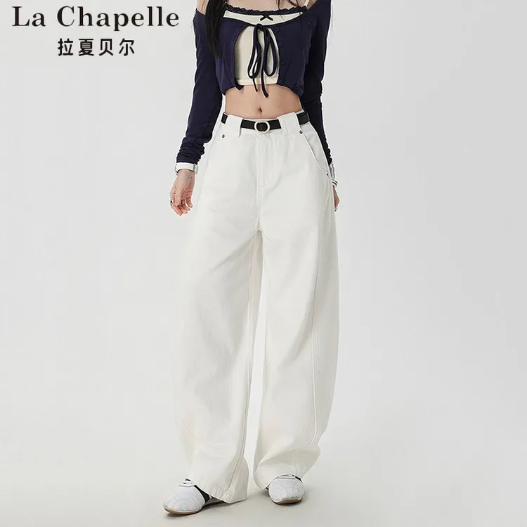 拉夏贝尔白色弯刀牛仔裤女25春夏新款高腰显瘦直筒香蕉镰刀阔腿裤