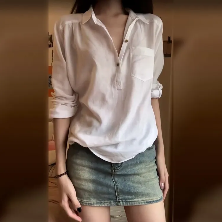 法式休闲白色衬衫女春夏季新款宽松港风长袖T恤衬衣小众气质上衣