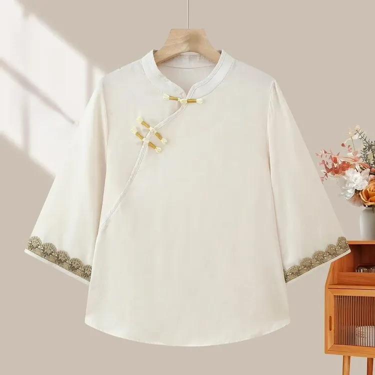 纱网新中式修身型斜襟立领短裤长袖常规中老年女装上衣中国风