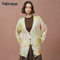 Fabrique Dorothy 秋冬手绘水彩画印花绵羊毛羊驼毛V领针织开衫