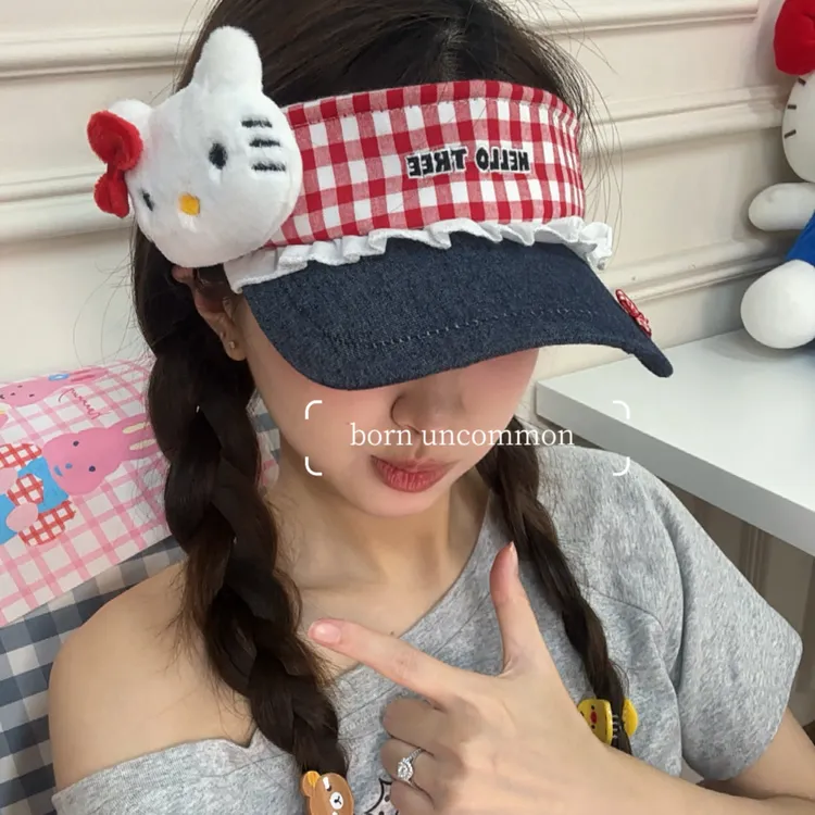 自制格纹可爱Kitty猫空顶遮阳帽女夏季户外出游显脸小遮阳鸭舌帽