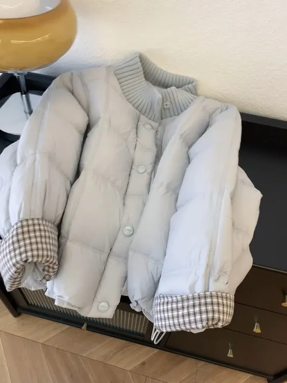 温柔减龄蓝色针织拼接立领棉服女2025冬季宽松休闲保暖面包服外套