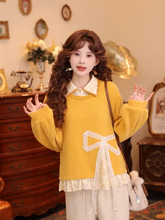 温舒敏【幻梦织锦】复古港风秋冬厚款假两件卫衣宽松上衣MJ1689563