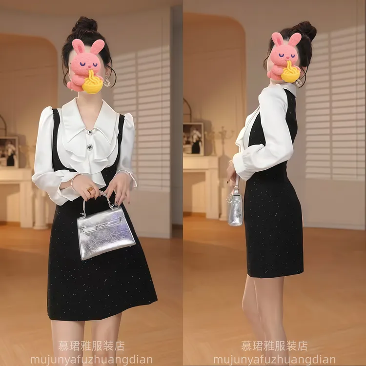 秋季连衣裙女新款轻熟风优雅时髦设计感撞色衬衫袖拼接细闪包臀裙