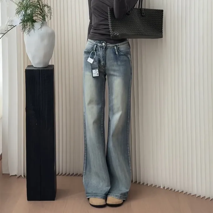 【铭洋】高腰复古水洗微喇牛仔裤女显瘦修身百搭休闲外穿喇叭拖地裤