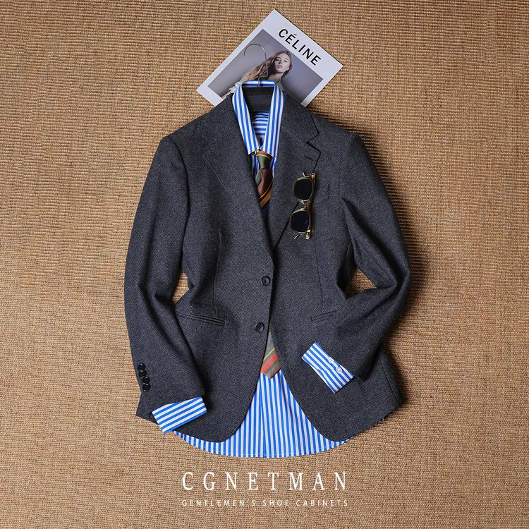 CGENTMAN冬季羊毛人字纹复古英伦老钱西服男高定休闲修身西装外套
