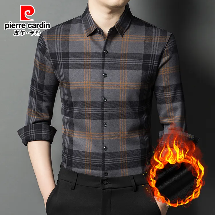 皮尔卡丹正品男士长袖衬衫中年秋冬新款格子含绵羊毛加绒加厚衬衣