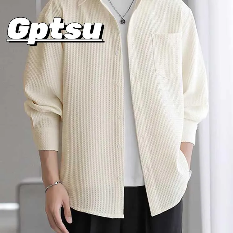 GPTSu华夫格衬衫男生外套春秋款休闲百搭衬衣长袖白色高级感外衣