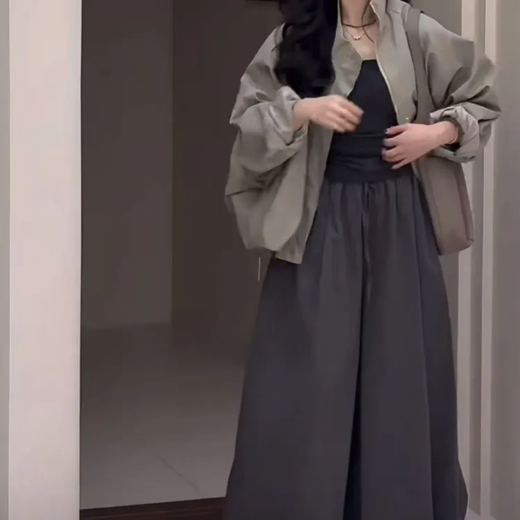 韩系百搭通勤时髦宽松连帽冲锋衣配弯刀裤秋季女装
