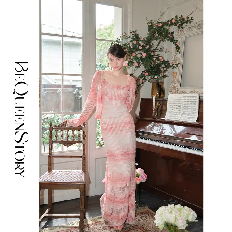 余潇潇【玫瑰晚霞】2025针织显瘦仙女时尚绵羊毛连衣裙套装