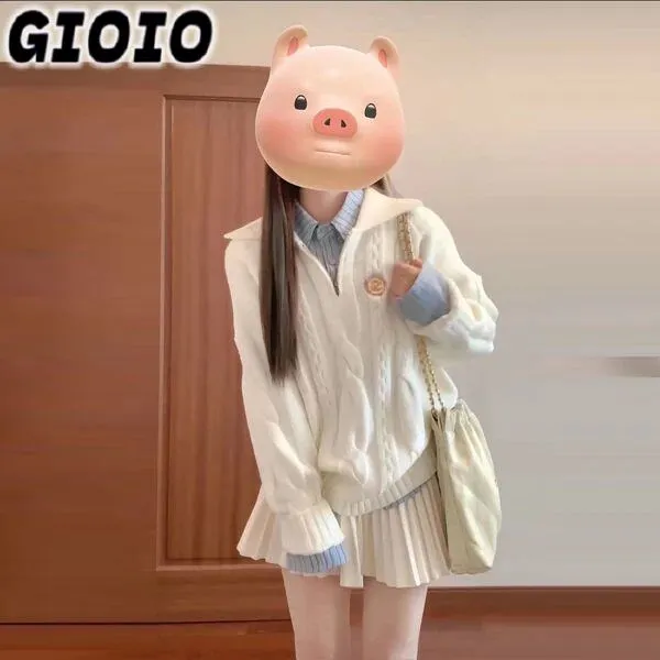 GIOIO秋冬百褶裙衬衫条纹内搭女甜美针织温柔风毛衣复古刺绣韩系