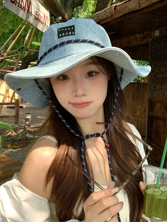 日系复古水洗渔夫帽女夏季户外骑行系带登山帽遮阳防晒西部牛仔帽