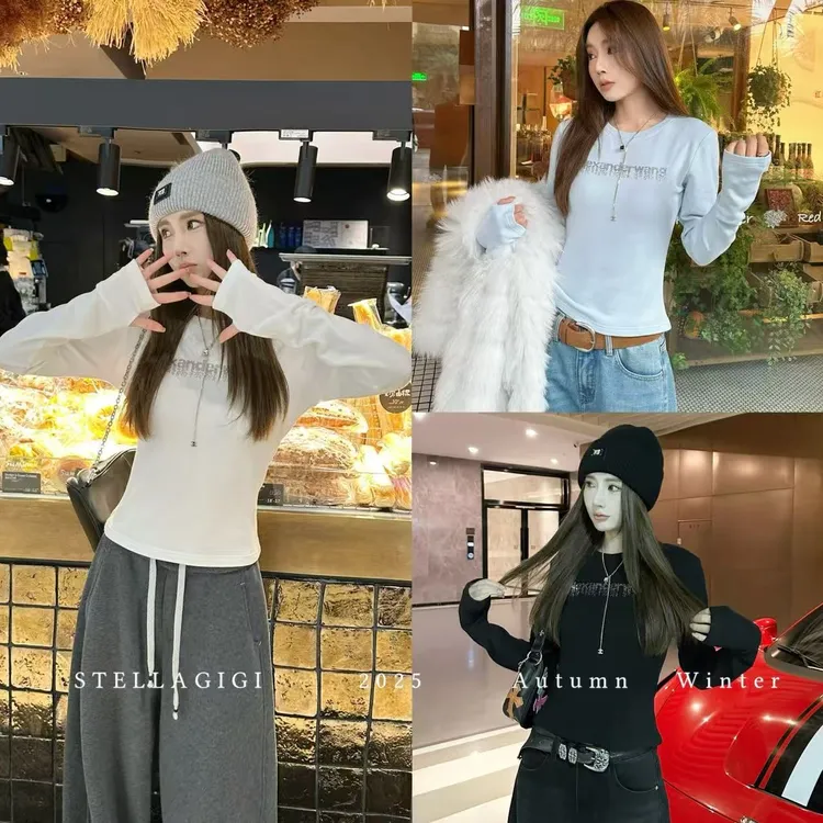 SG / 杨依姗 AW基础款 烫钻字母圆领磨毛长袖T恤T-20252324