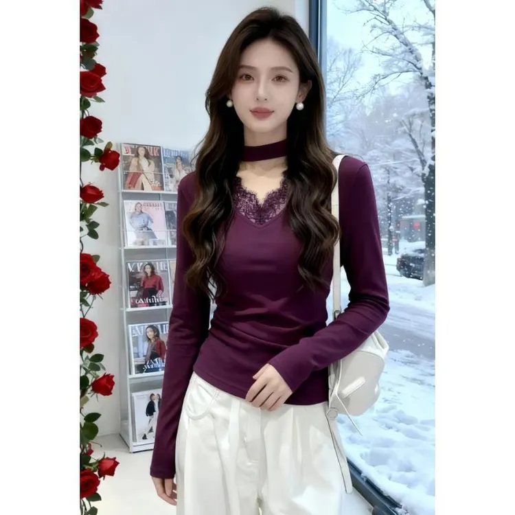 短款修身显瘦网红拼接长袖内搭打底衫秋冬蕾丝V领T恤女0038